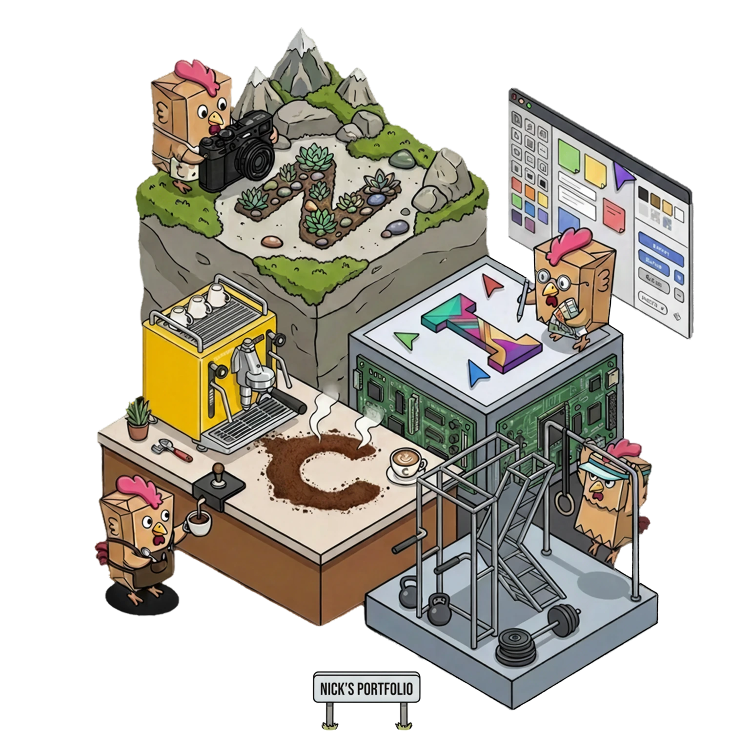Preview of Nick's interactive desktop — an isometric illustration of paperbag-chicken characters around an espresso machine, a Figma-style panel, a circuit-board monitor and a mountain garden spelling N.